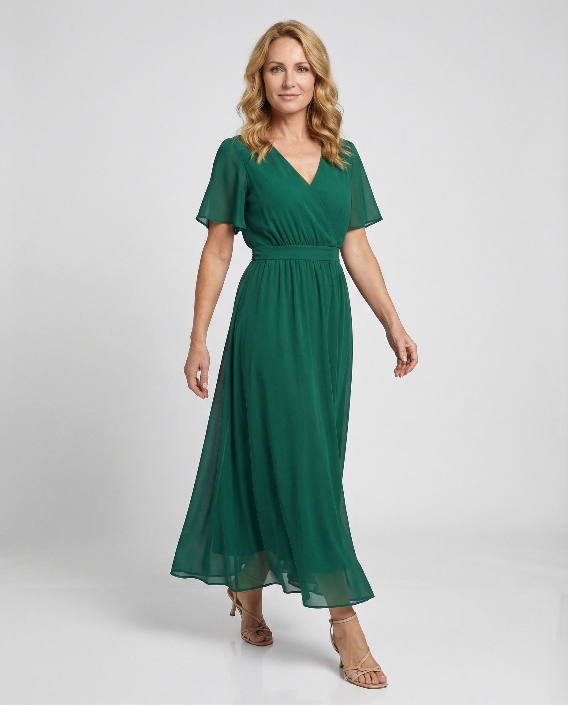 Abito Maxi Donna in Chiffon Scollo Incrociato Manica a Kimono - Brentozzi