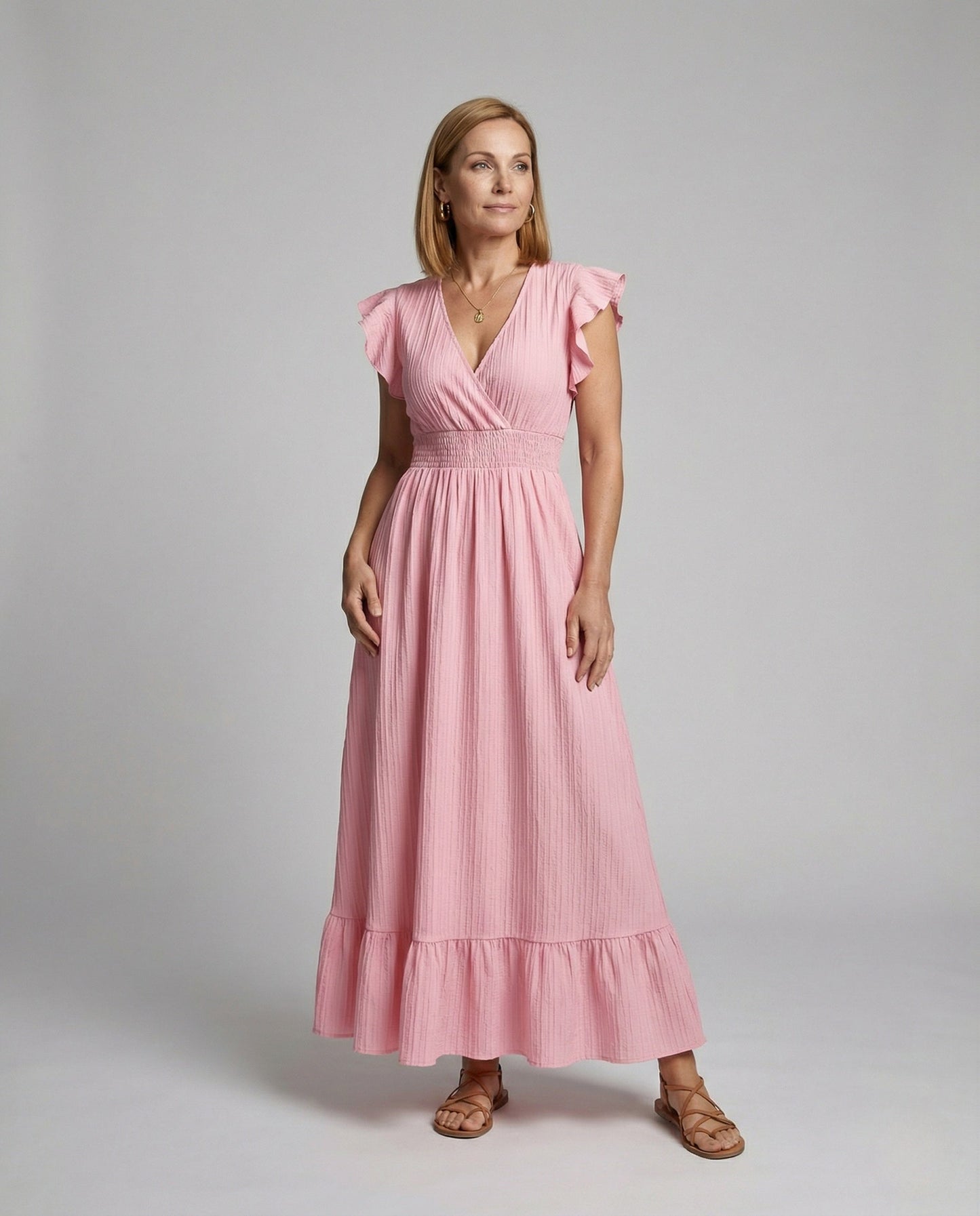Abito Maxi Donna Scollo a V Maniche Volant - Brentozzi
