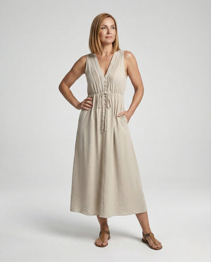 Abito Maxi Donna Smanicato con Cintura e Bottoni Decorativi - Brentozzi