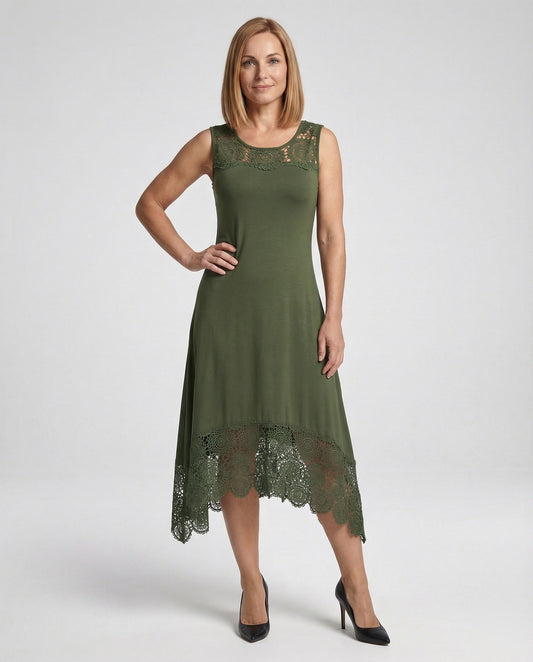 Abito Maxi Donna Smanicato con Applicazioni in Pizzo Orlo Asimmetrico - Brentozzi