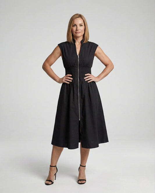 Abito Midi Donna con Zip Frontale e Vita Arricciata - Brentozzi