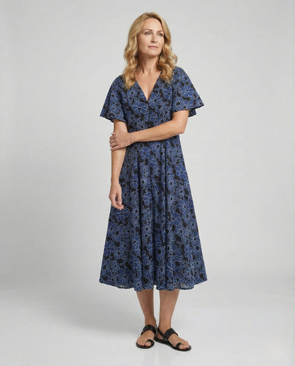 Abito Midi Donna Ricamato Scollo a V Manica Pipistrello - Brentozzi
