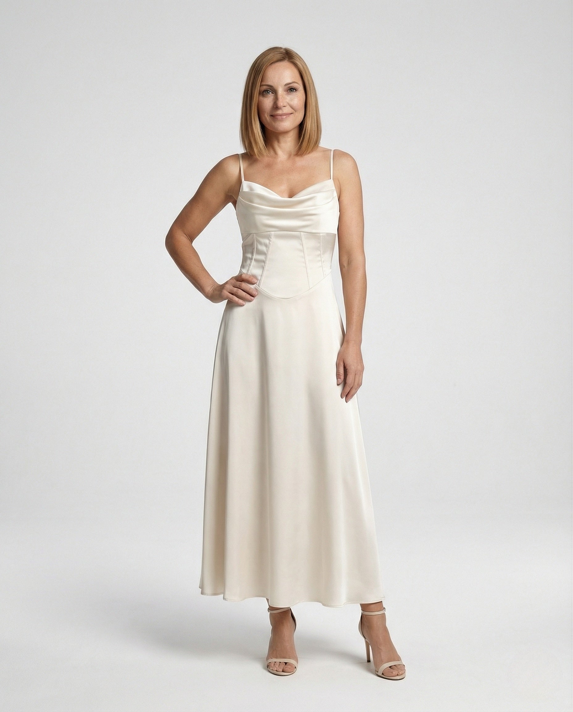 Abito Maxi Donna in Satin Scollo Drappeggiato - Brentozzi