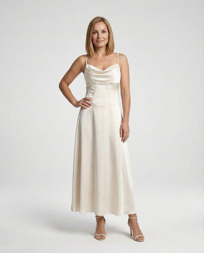 Abito Maxi Donna in Satin Scollo Drappeggiato - Brentozzi