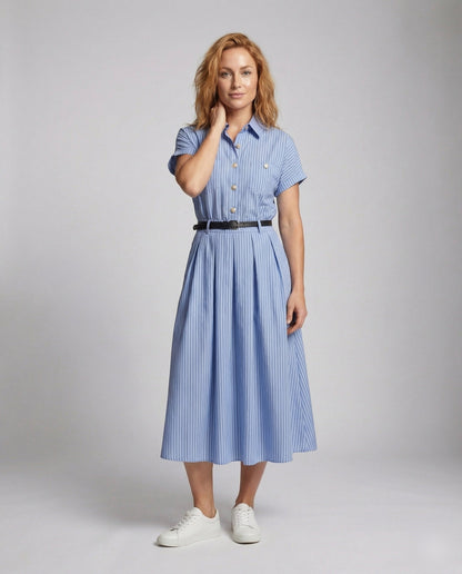 Abito Camicia Donna Manica Corta Tessuto a Righe Sottile - Brentozzi