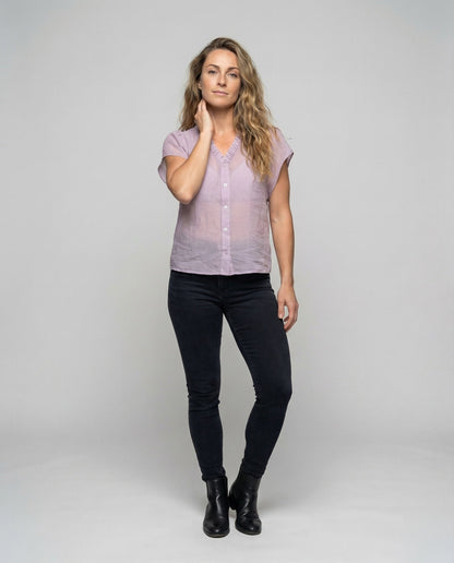 Camicia Donna in Misto Lino Manica Corta Scollo a V con Ruches - Brentozzi
