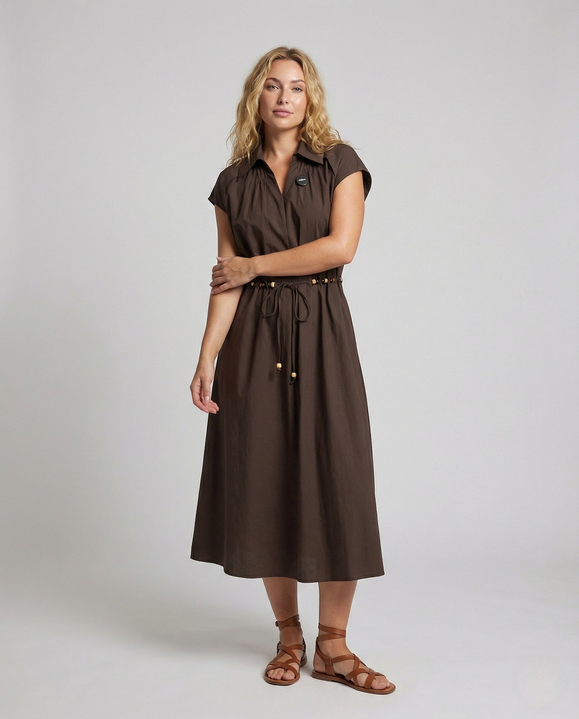 Abito Midi Donna con Colletto a Camicia e Coulisse - Brentozzi