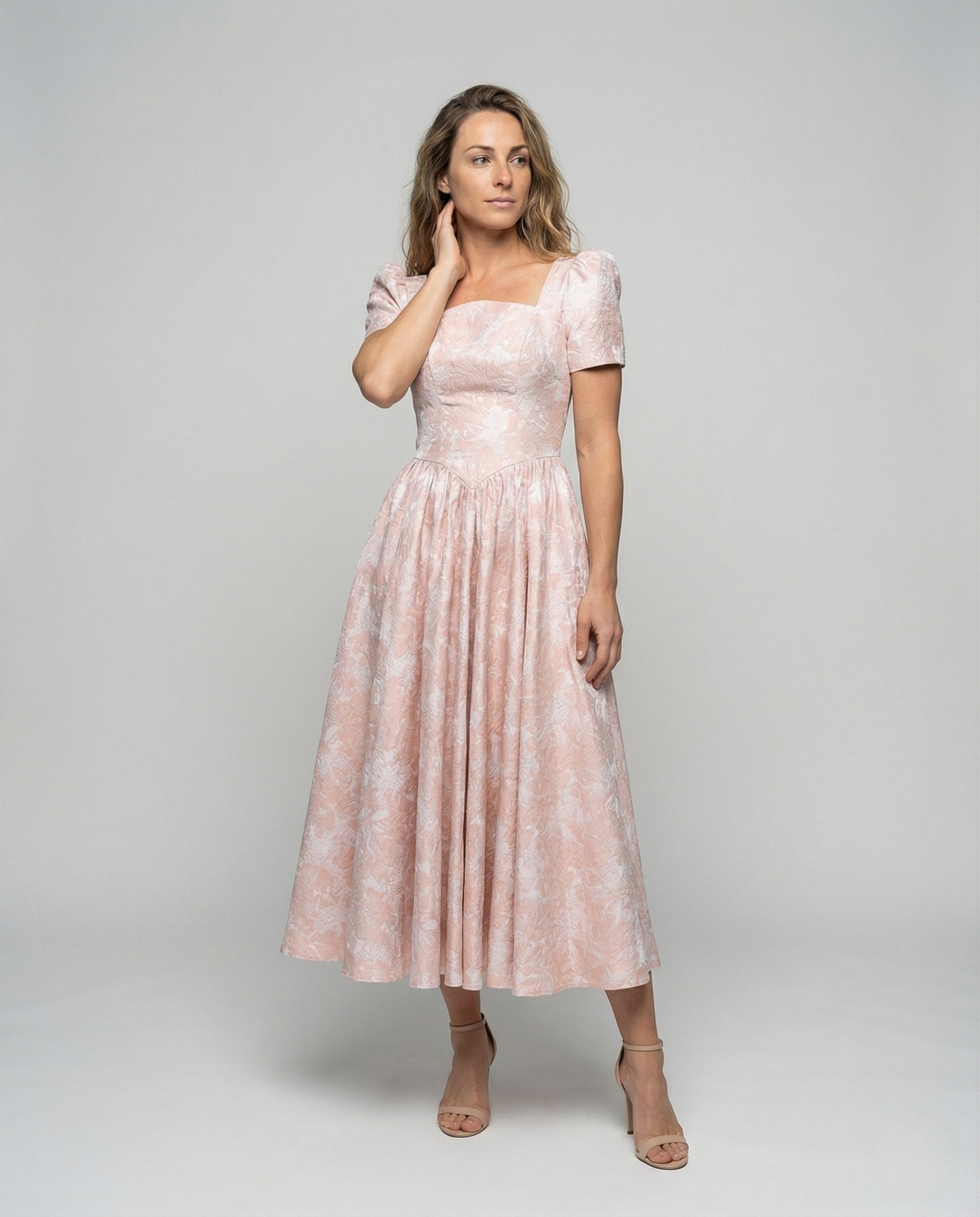 Abito Midi Donna Jacquard Manica a Sbuffo - Brentozzi