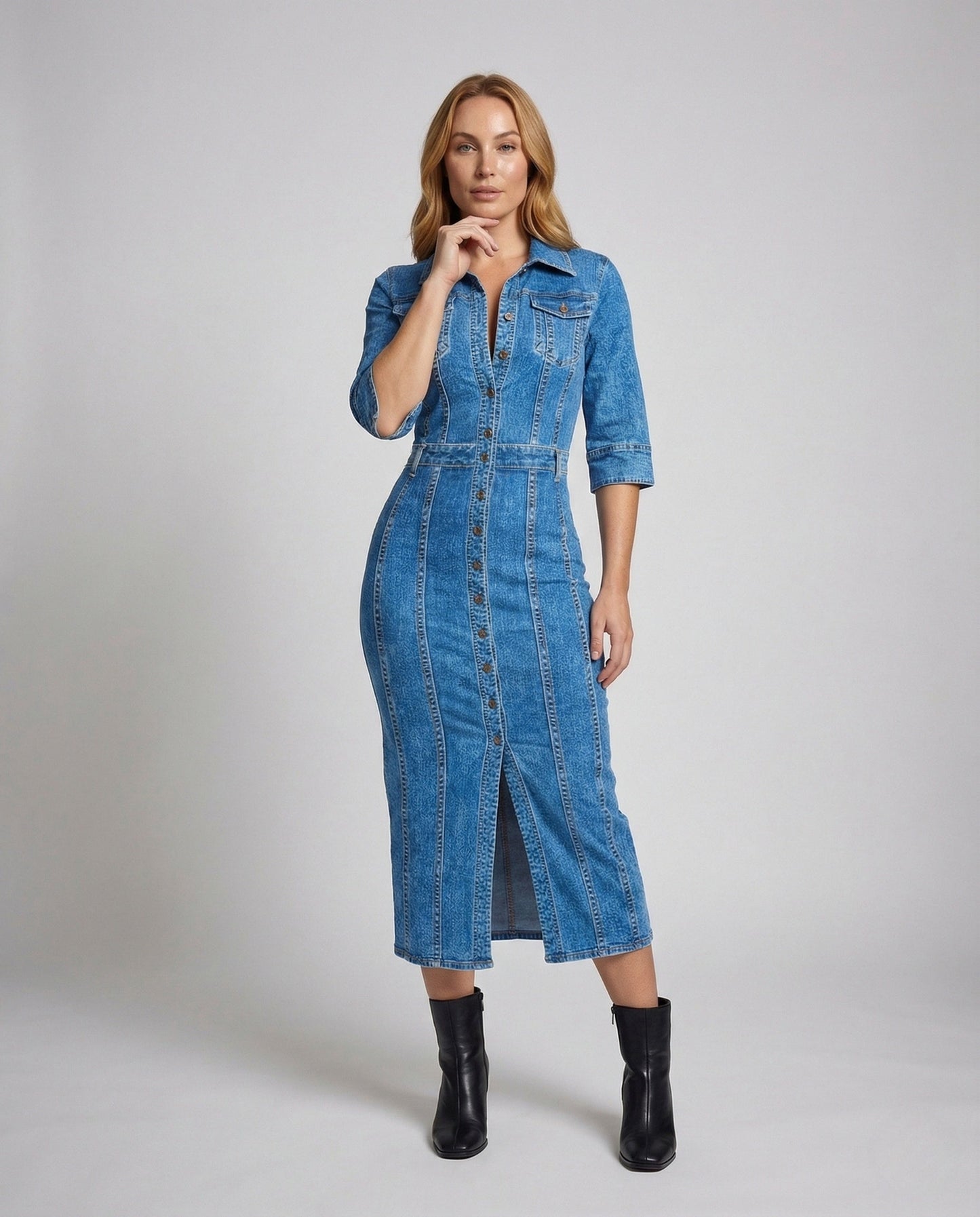 Abito Midi Donna in Jeans con Bottoni Frontali - Brentozzi