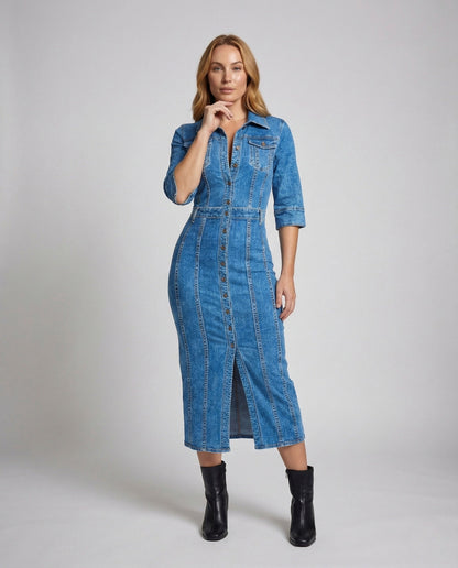 Abito Midi Donna in Jeans con Bottoni Frontali - Brentozzi