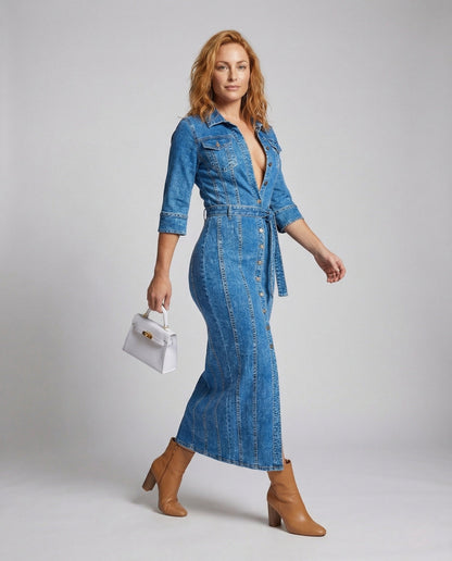 Abito Midi Donna in Tessuto Jeans con Bottoni Frontali - Brentozzi