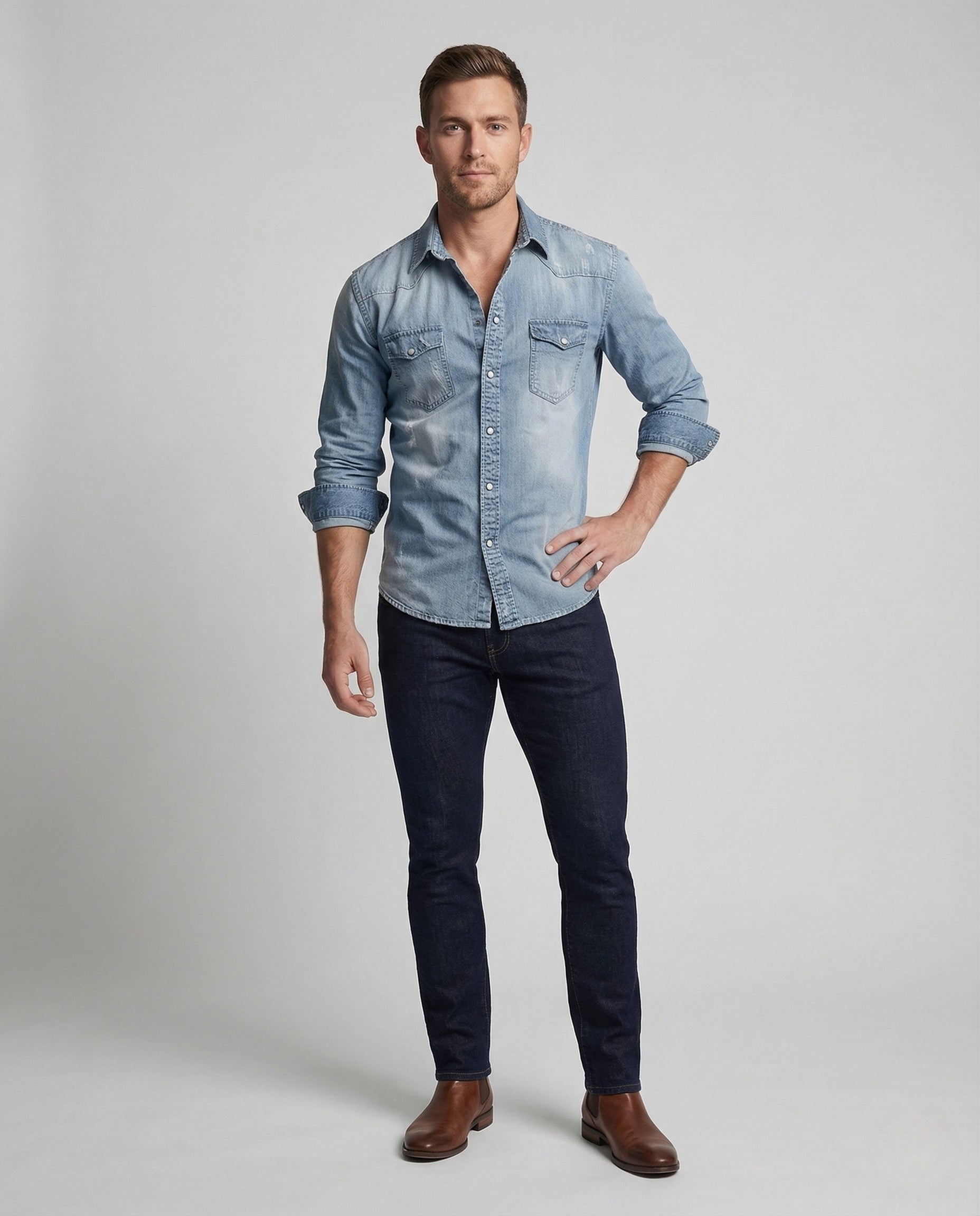 Camicia Uomo Denim Stretch Western Cuciture a Contrasto - Brentozzi