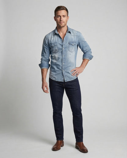 Camicia Uomo Denim Stretch Western Cuciture a Contrasto - Brentozzi