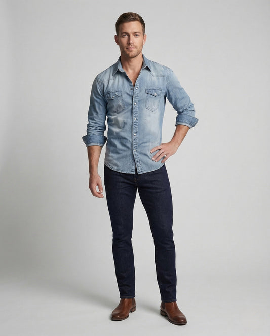 Camicia Uomo Denim Stretch Western Cuciture a Contrasto - Brentozzi