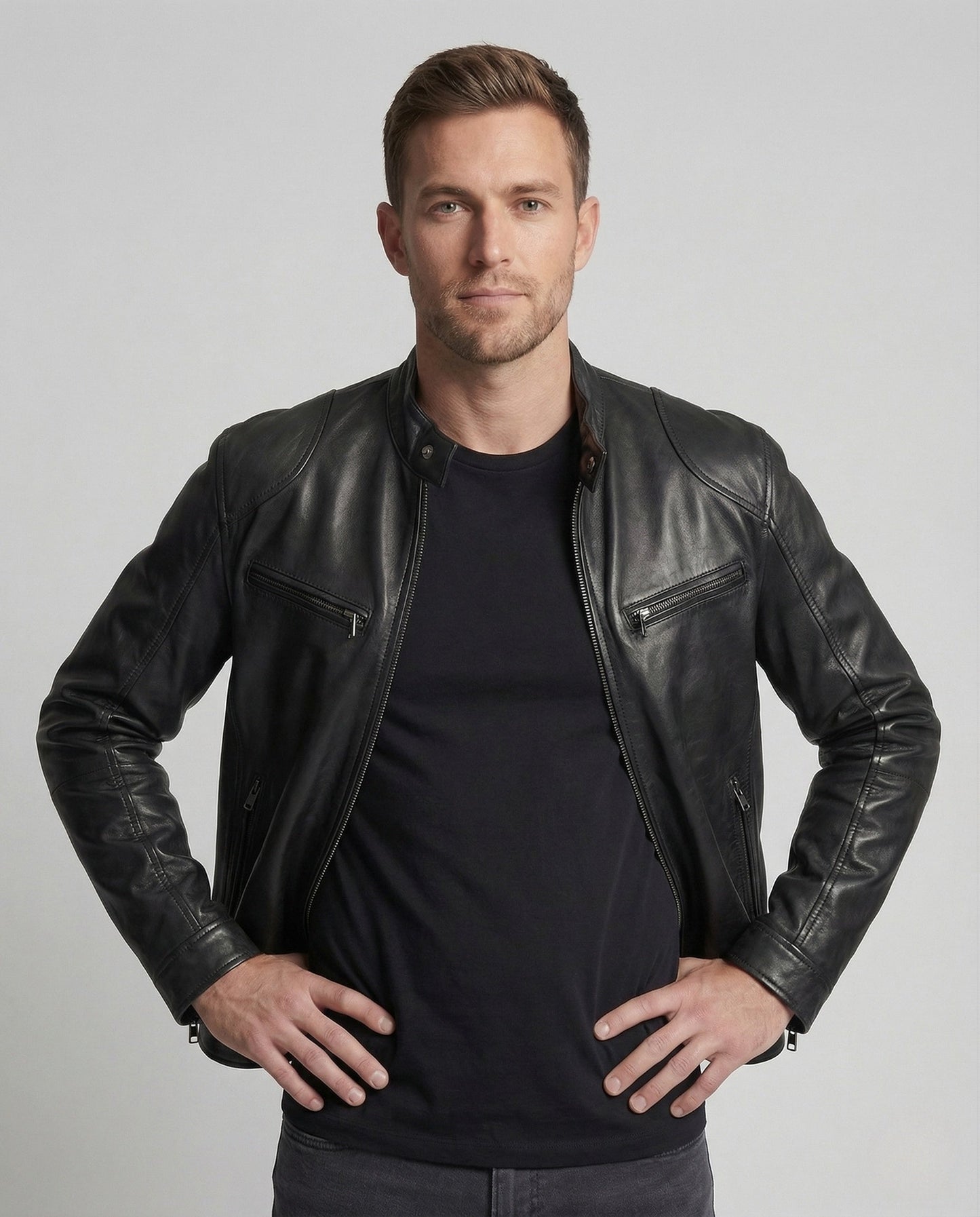 Giacca Biker Uomo in Pelle Collo Alto con Tasche con Zip - Brentozzi