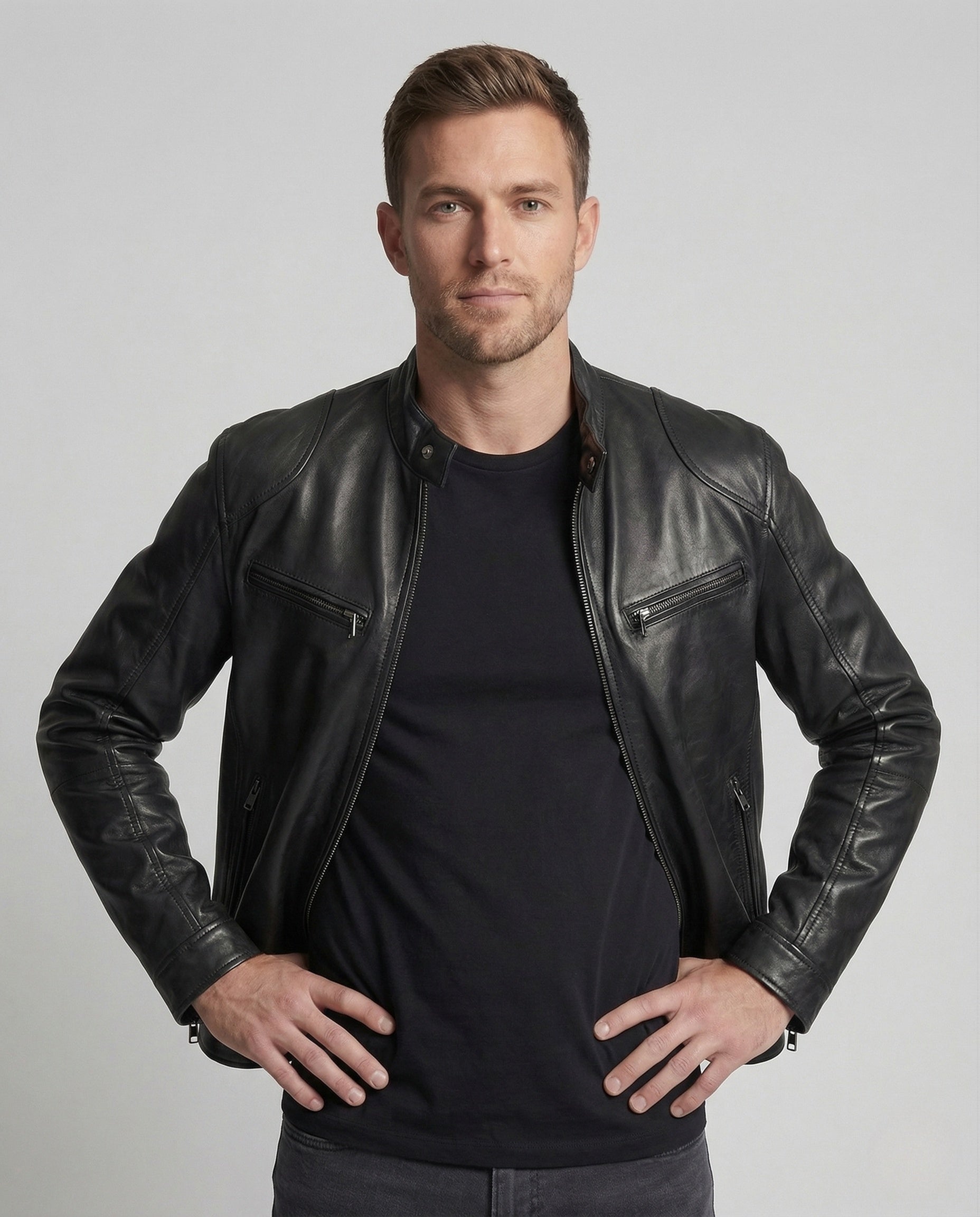 Giacca Biker Uomo in Pelle Collo Alto con Tasche con Zip - Brentozzi