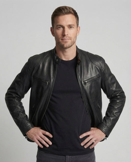 Giacca Biker Uomo in Pelle Collo Alto con Tasche con Zip - Brentozzi