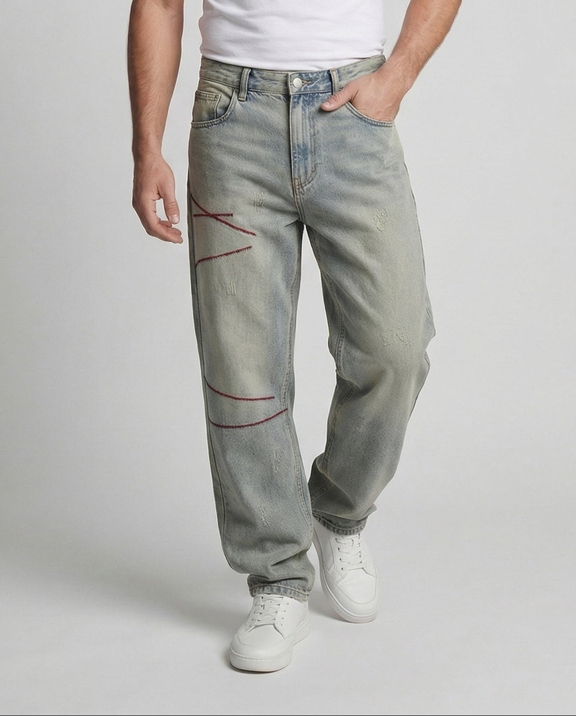 Jeans Uomo Baggy Effetto Used con Cuciture Decorative - Brentozzi