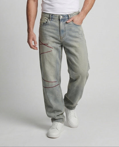 Jeans Uomo Baggy Effetto Used con Cuciture Decorative - Brentozzi