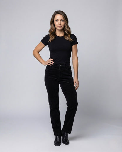 Pantaloni Donna in Velluto a Coste Vita Alta Gamba Dritta Elastico - Brentozzi
