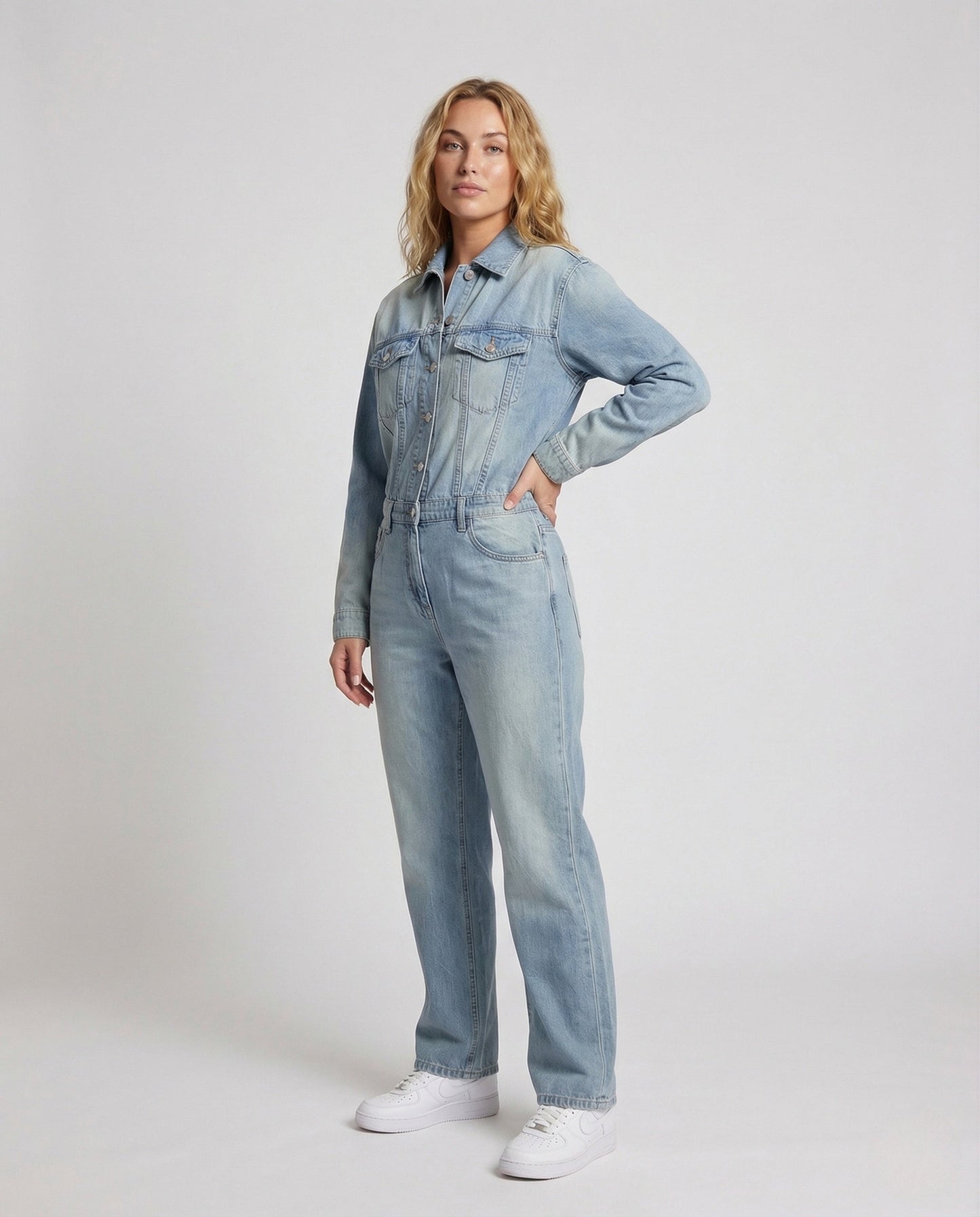 Tuta Jeans Donna Gamba Dritta Bottoni Tasche sul Petto - Brentozzi