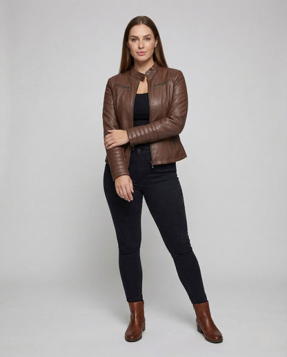 Giacca Biker Donna in Ecopelle Taglio Slim Maniche Trapuntate Collo - Brentozzi