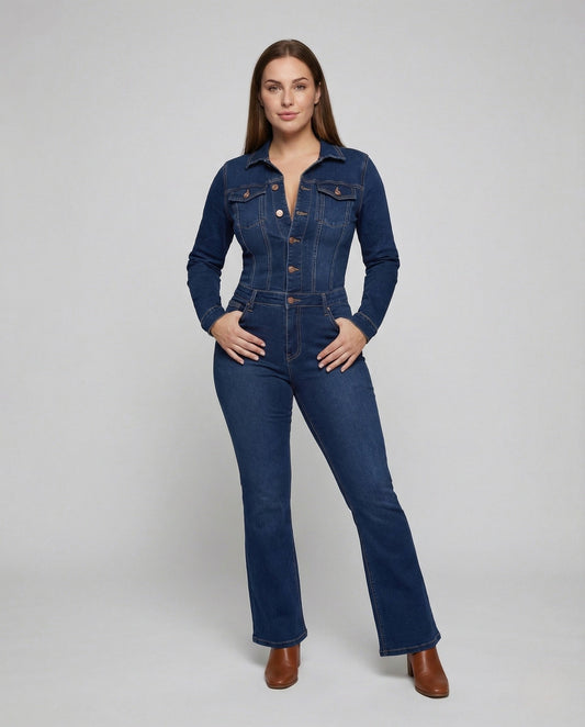 Tuta Denim Donna Scollo a Camicia Vita Sagomata Gamba Svasata - Brentozzi