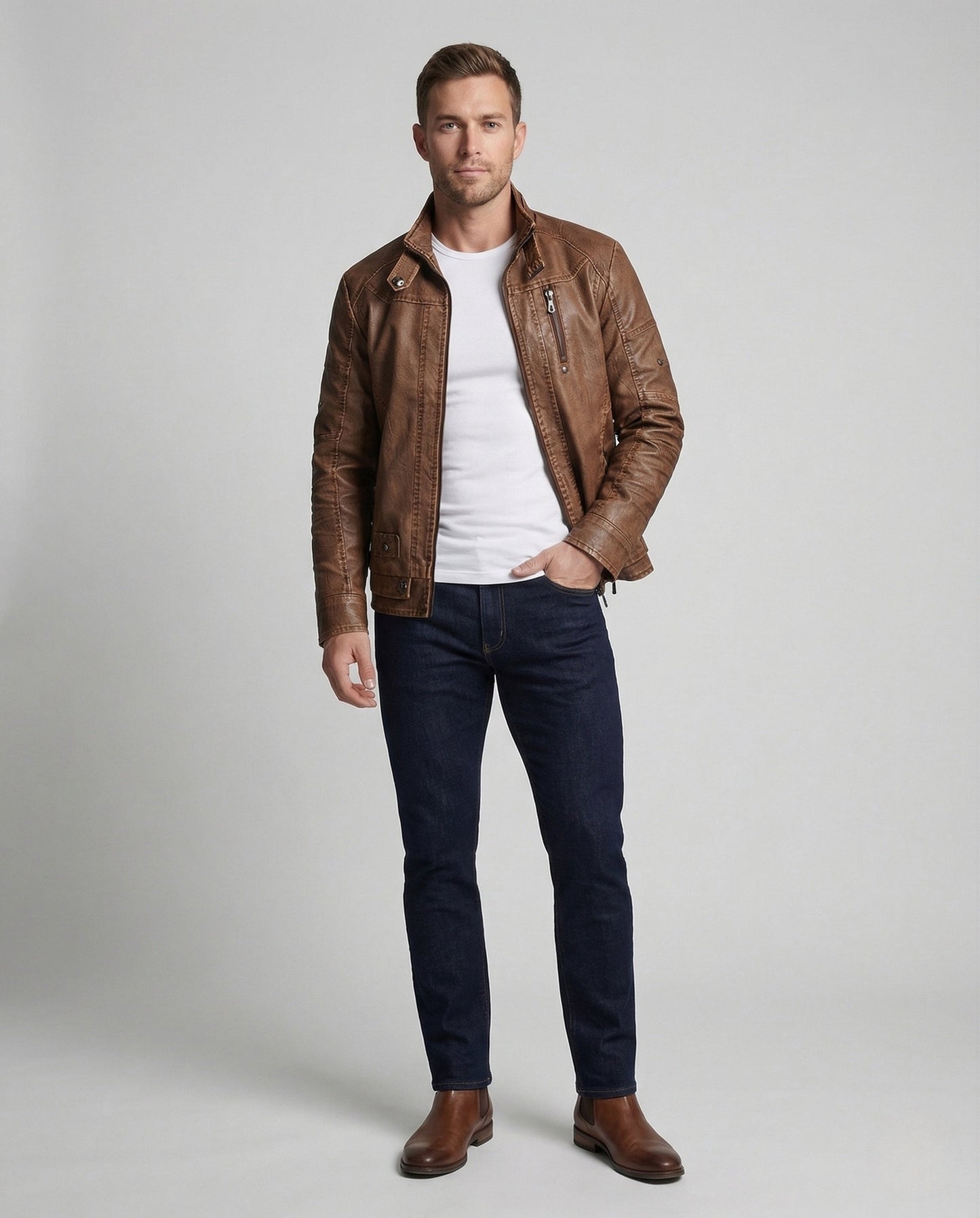 Giacca Biker Uomo in Ecopelle Collo Alto con Zip - Brentozzi