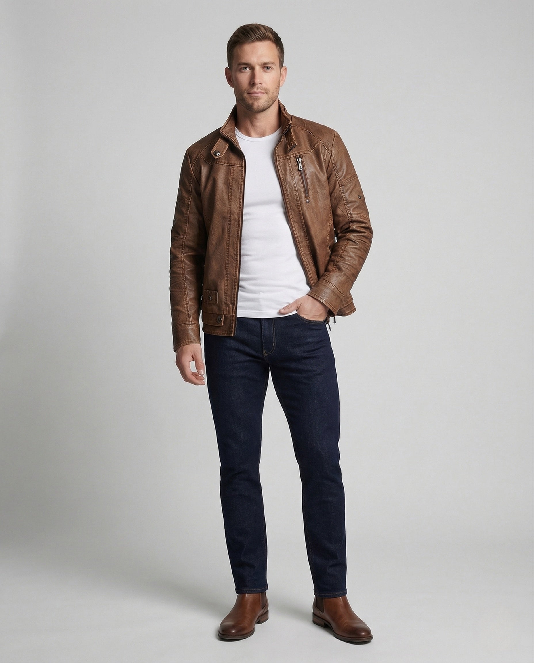 Giacca Biker Uomo in Ecopelle Collo Alto con Zip - Brentozzi