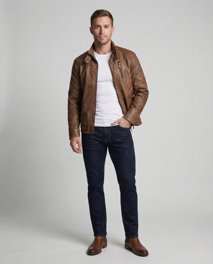 Giacca Biker Uomo in Ecopelle Collo Alto con Zip - Brentozzi