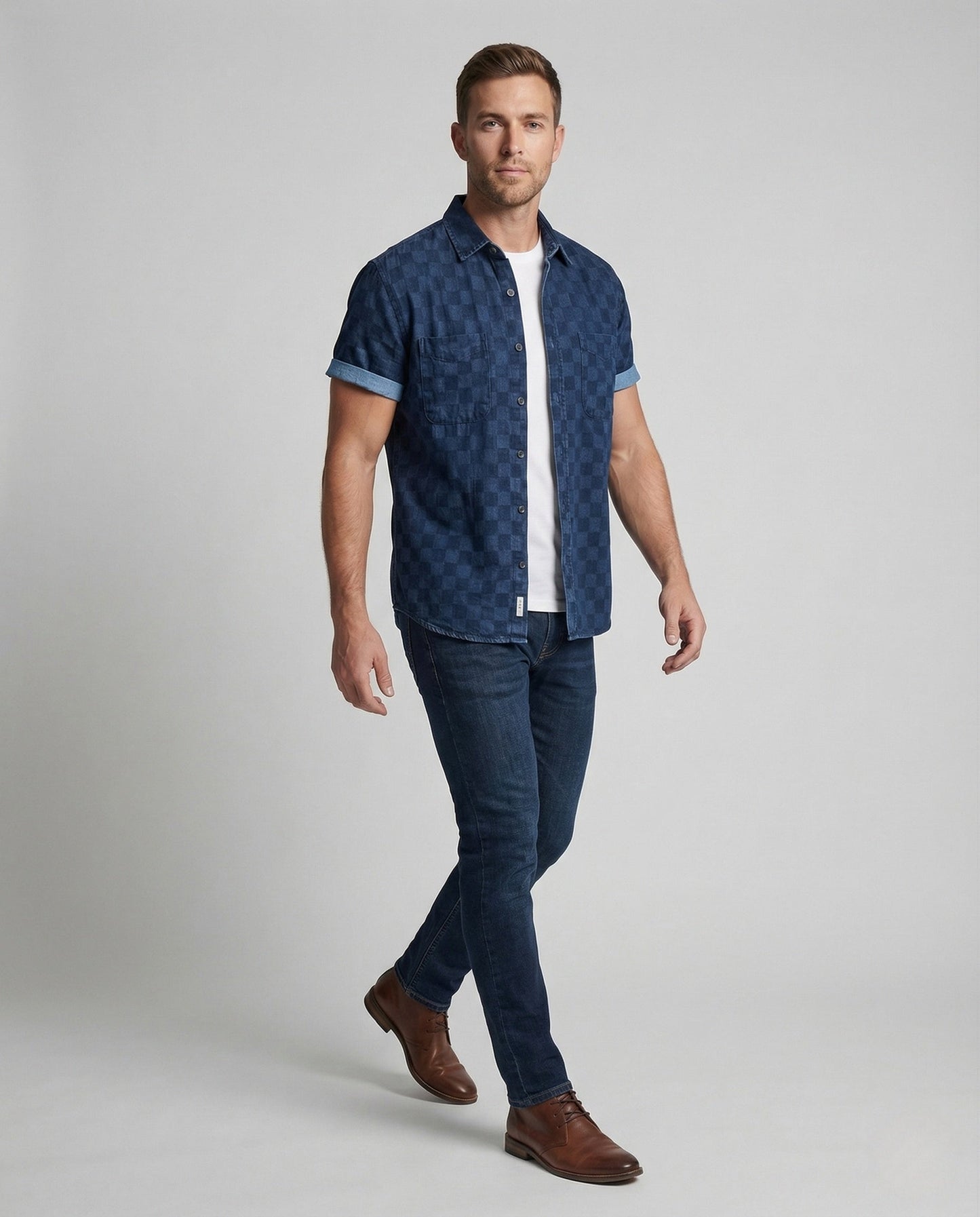 Camicia Uomo Manica Corta Cotone Mix Quadri Tasche Sul Petto - Brentozzi