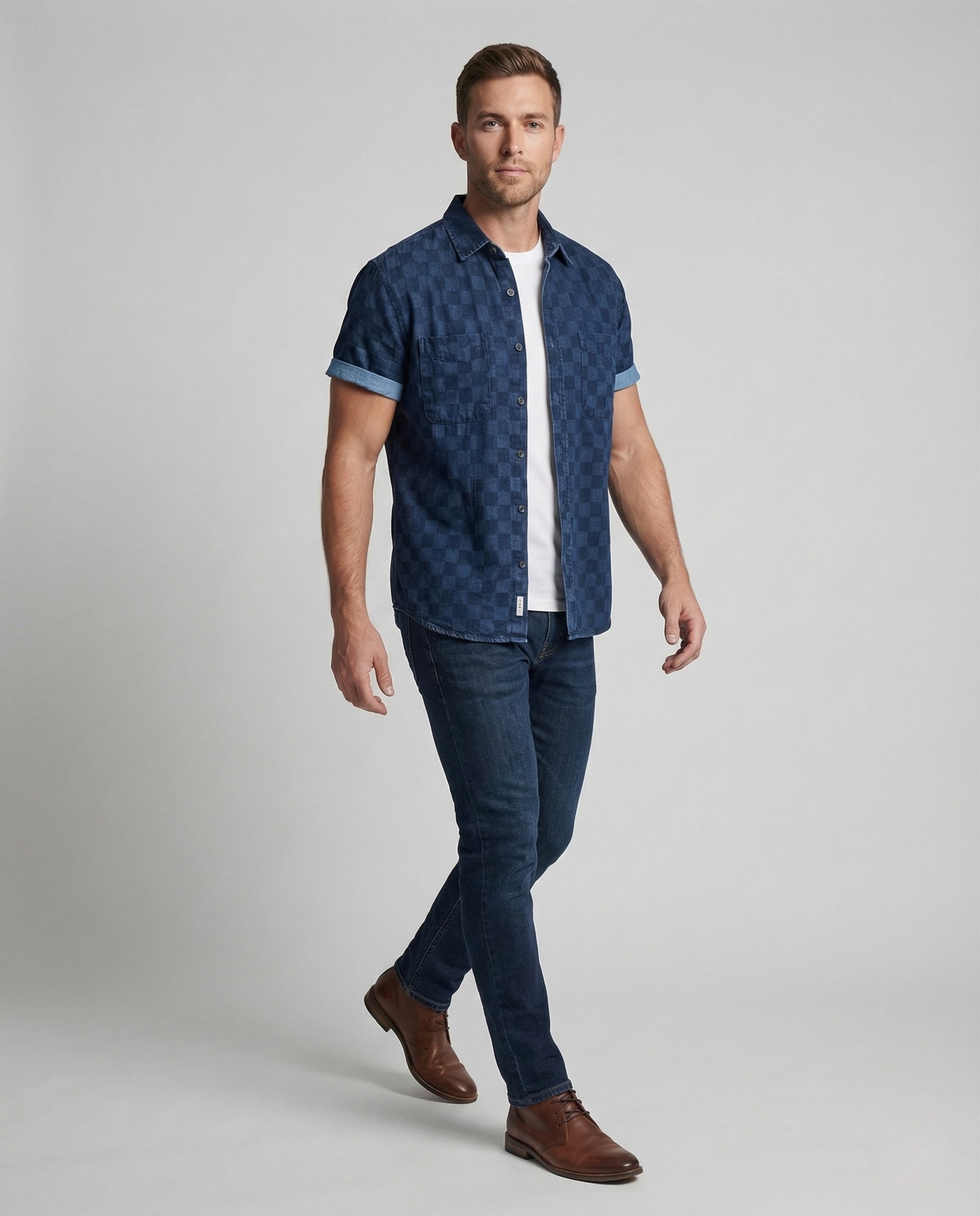Camicia Uomo Manica Corta Cotone Mix Quadri Tasche Sul Petto - Brentozzi