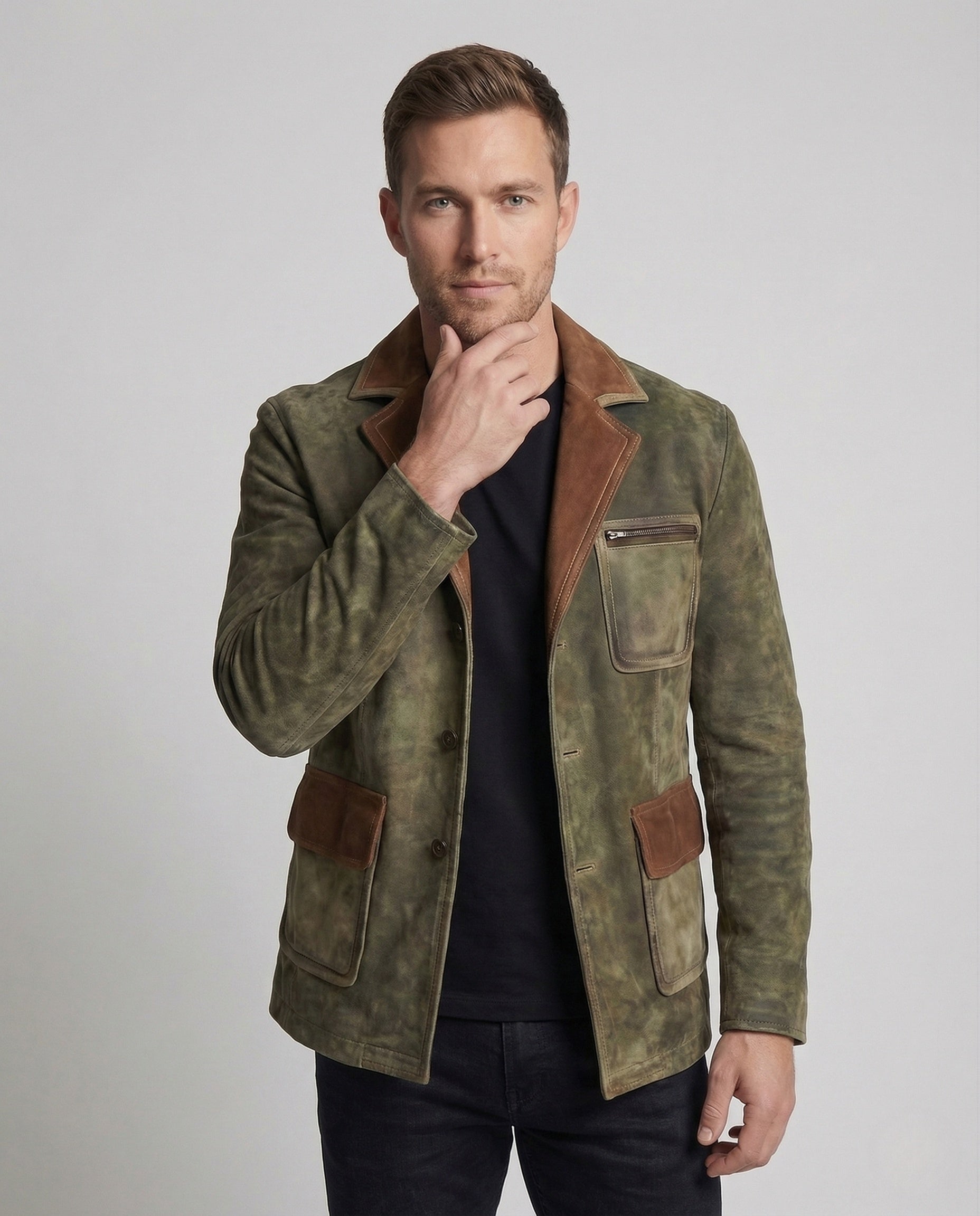 Giacca Uomo in Pelle Stile Vintage con Inserti a Contrasto - Brentozzi