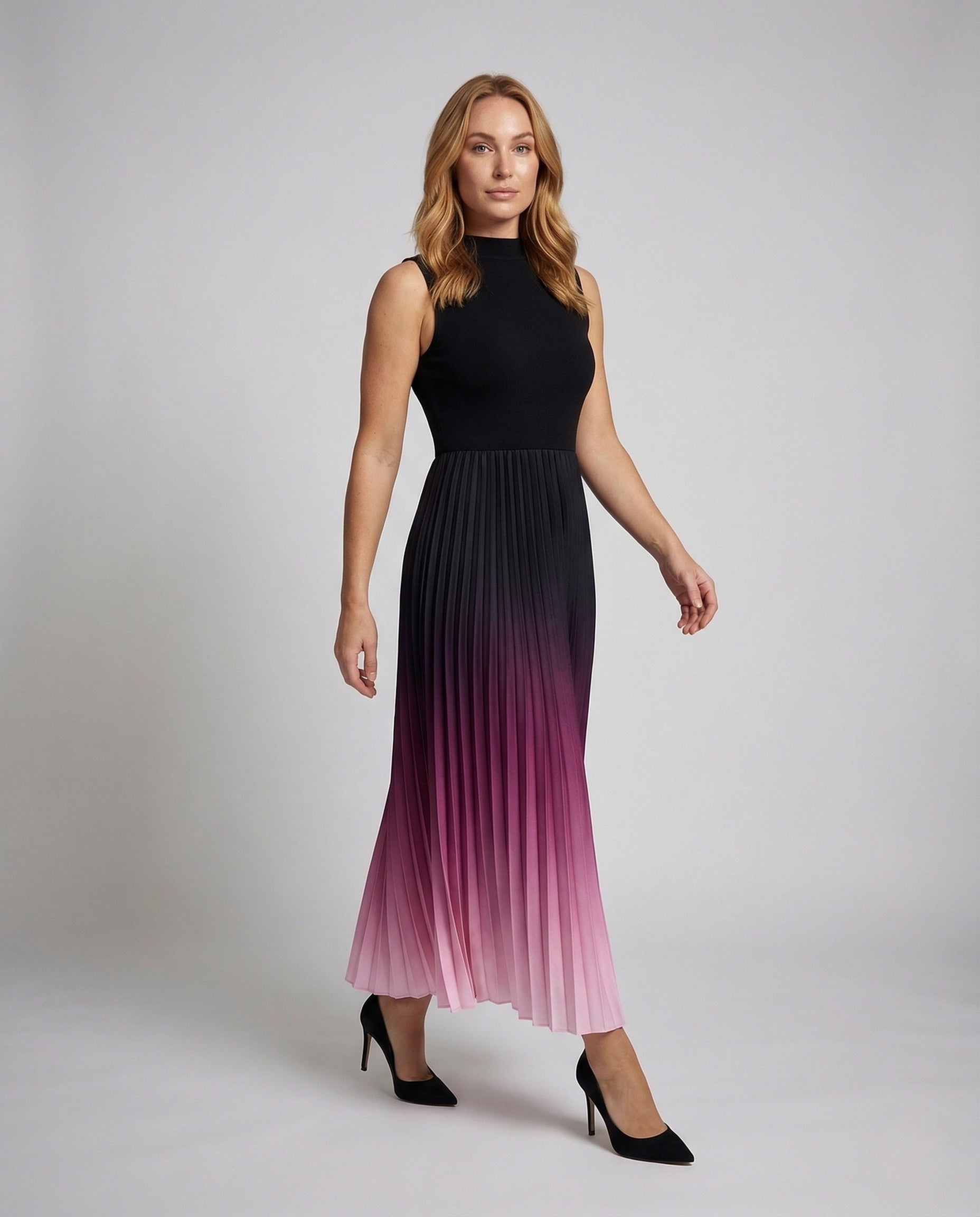 Abito Maxi Donna Plissé Senza Maniche Collo Alto - Brentozzi