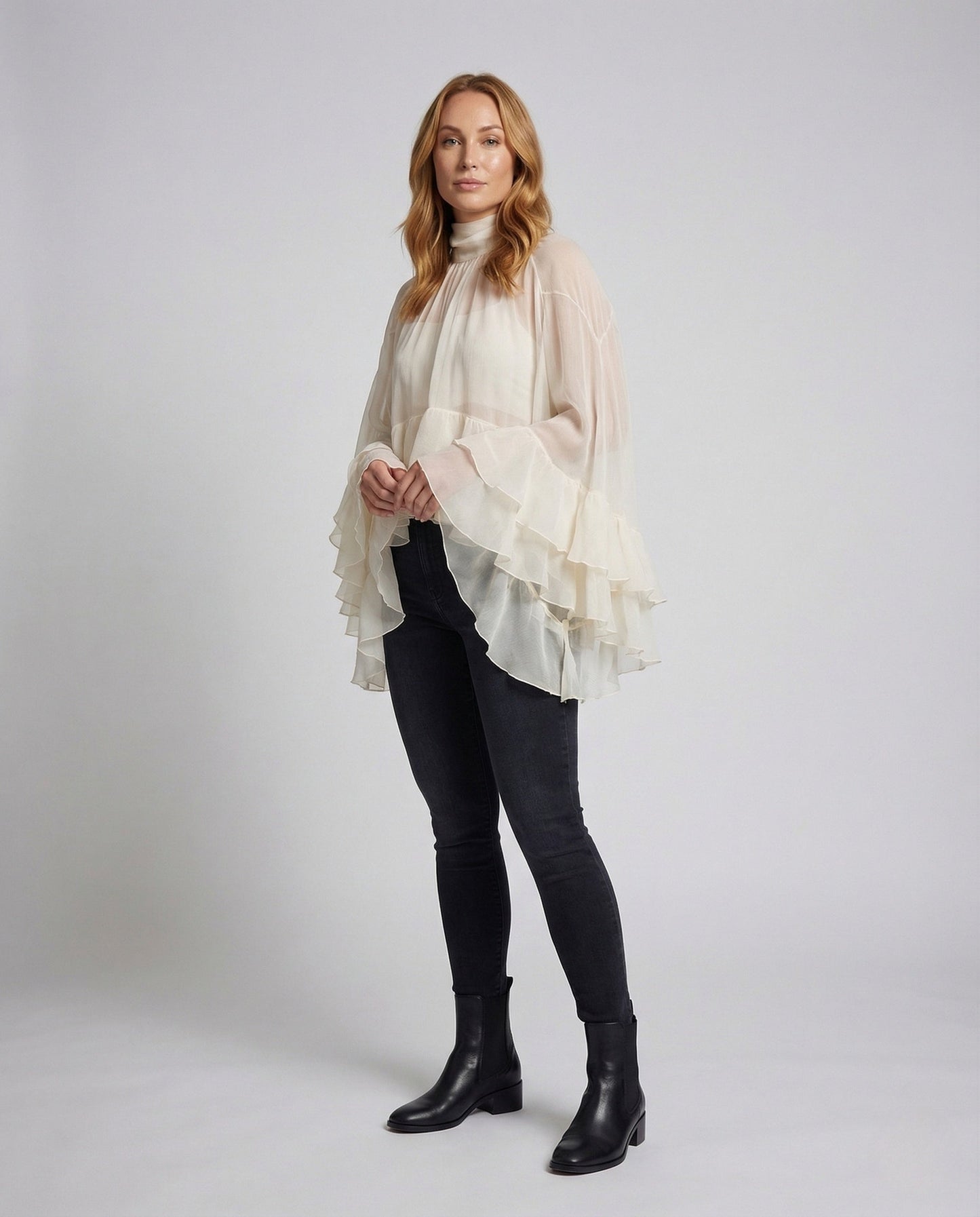 Blusa Donna in Chiffon Collo Alto con Volants - Brentozzi