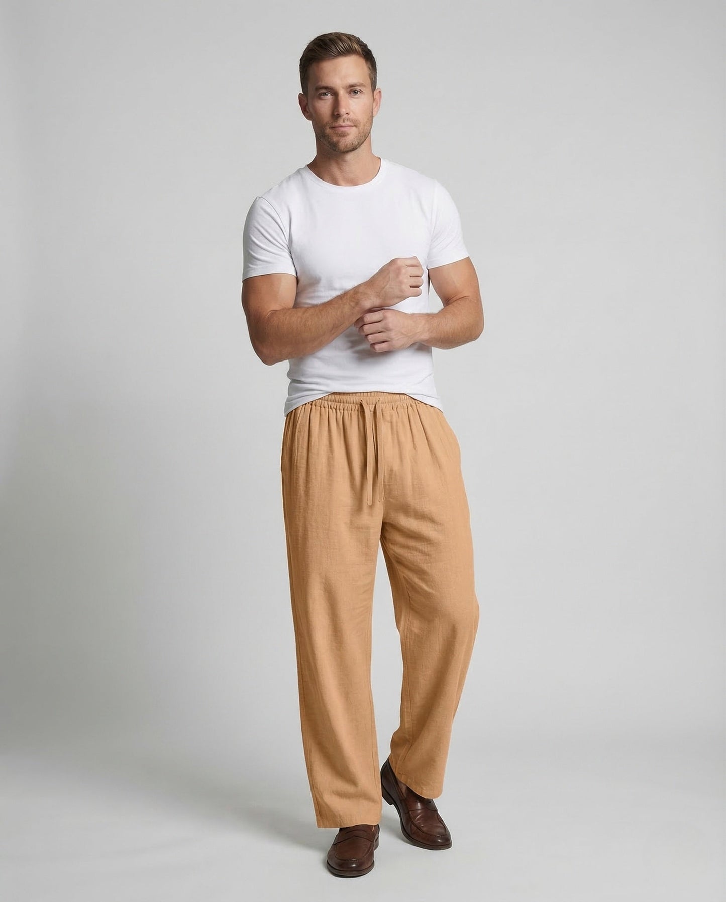 Pantaloni Lino Uomo Taglio Ampio Vita Elastica - Brentozzi