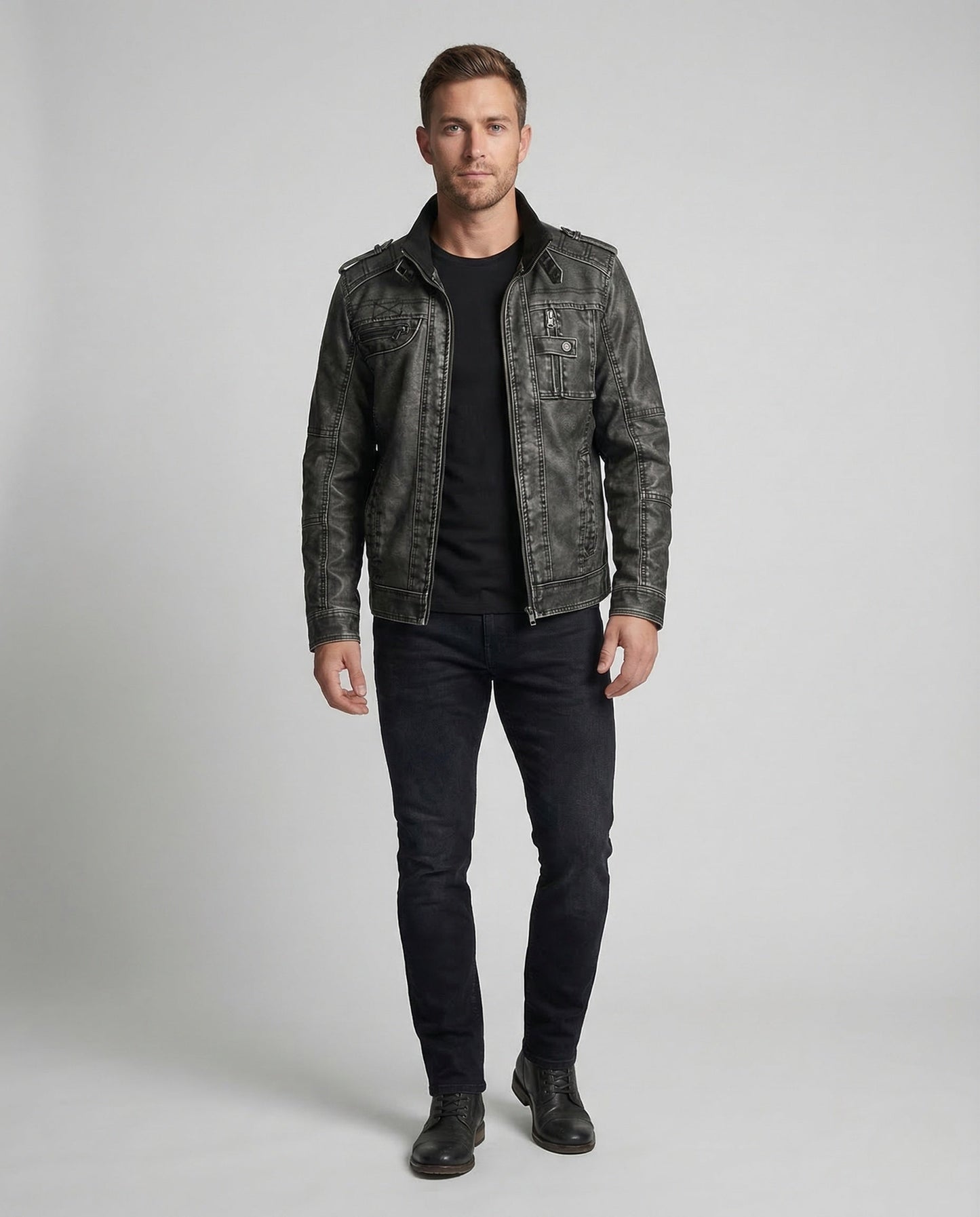 Giacca Biker Uomo in Ecopelle Collo Alto - Brentozzi