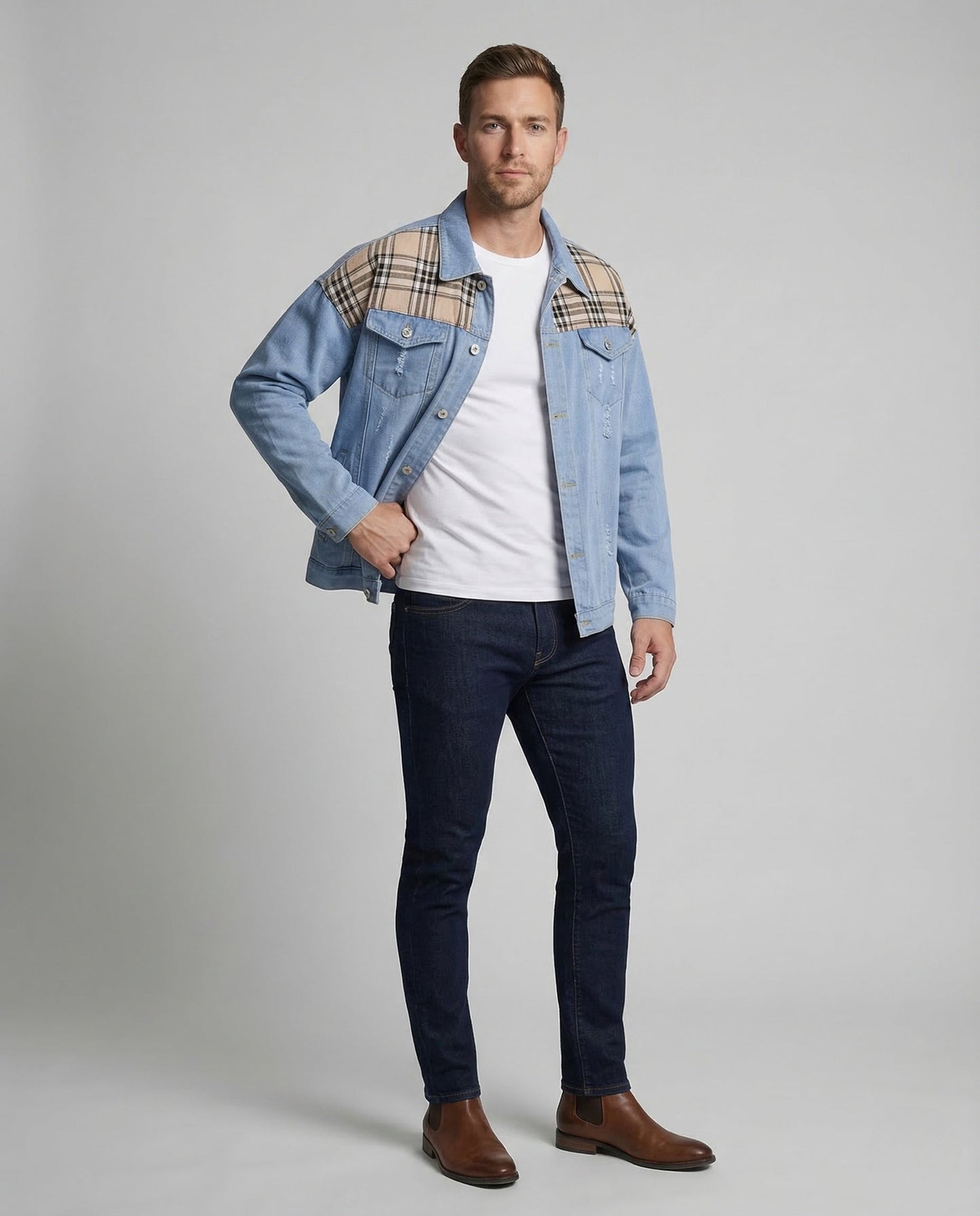Giacca Jeans Uomo Fantasia Quadri Vestibilità Ampia - Brentozzi
