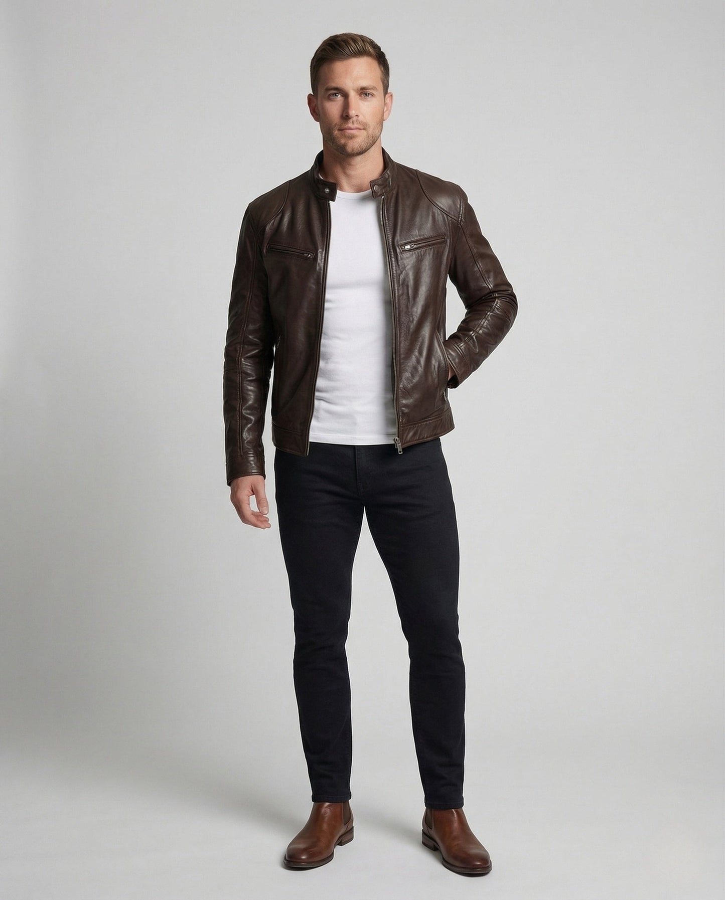 Giacca Pelle Uomo Stile Biker Collo Alto - Brentozzi