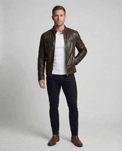 Giacca Pelle Uomo Stile Biker Collo Alto - Brentozzi
