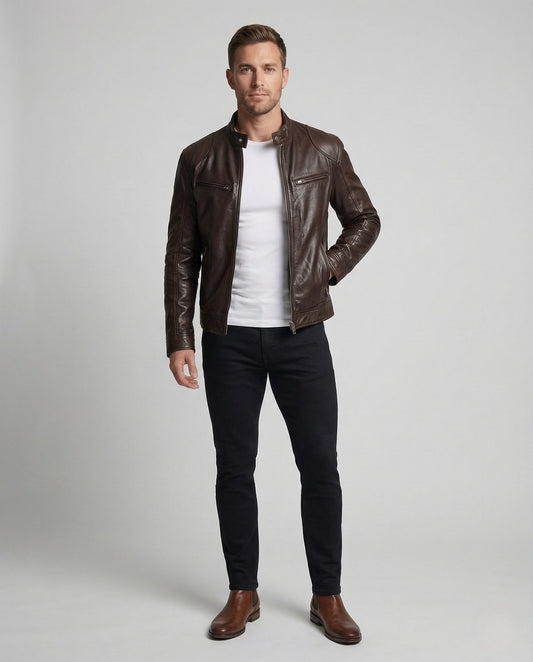 Giacca Pelle Uomo Stile Biker Collo Alto - Brentozzi