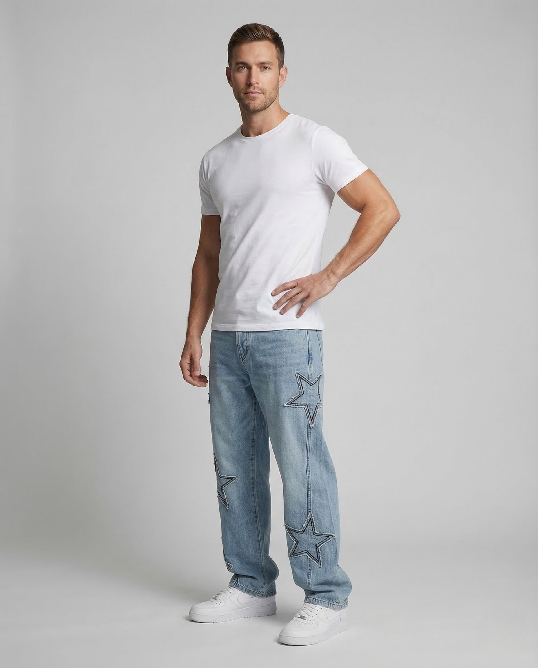 Jeans Unisex con Applicazione Stelle Vestibilità Ampia - Brentozzi