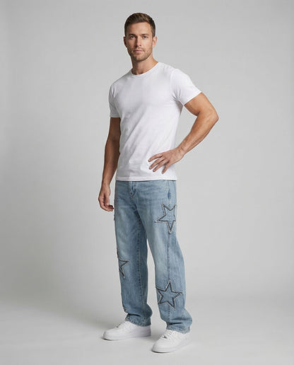Jeans Unisex con Applicazione Stelle Vestibilità Ampia - Brentozzi