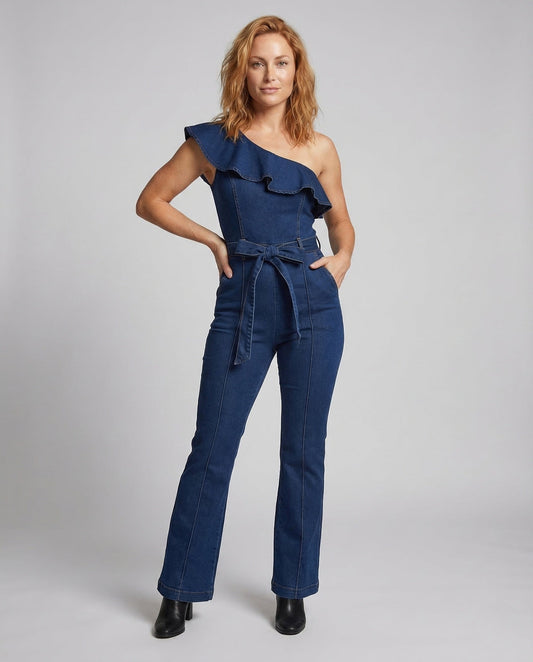 Tuta Jeans Donna Scollo con Ruches e Gamba Svasata - Brentozzi