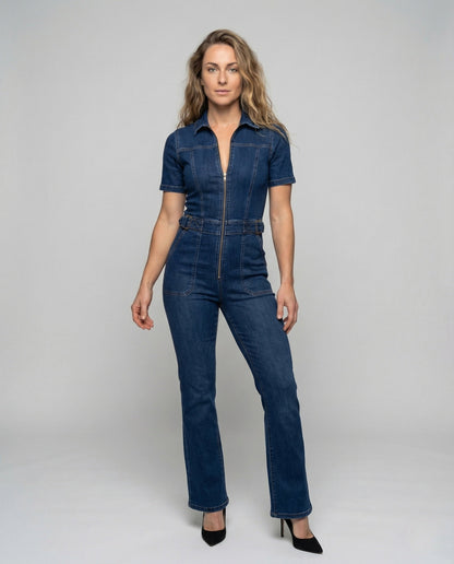 Tuta Jeans Donna Scollo a V Vita Sagomata Gamba Svasata - Brentozzi