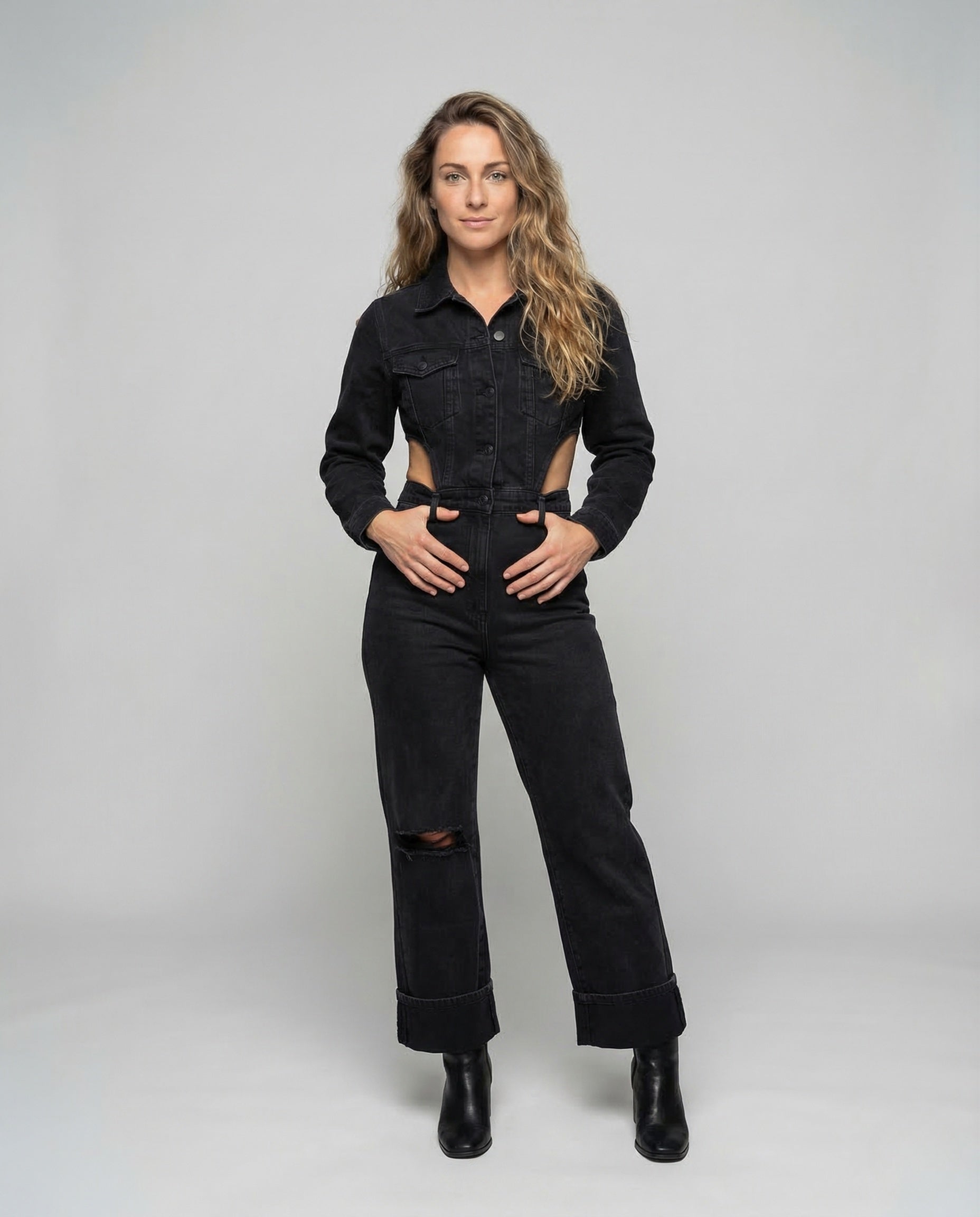 Completo Jeans Donna Giacca Corta Pantaloni Larghi - Brentozzi