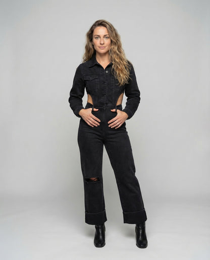 Completo Jeans Donna Giacca Corta Pantaloni Larghi - Brentozzi