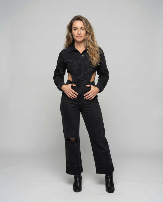 Completo Jeans Donna Giacca Corta Pantaloni Larghi - Brentozzi