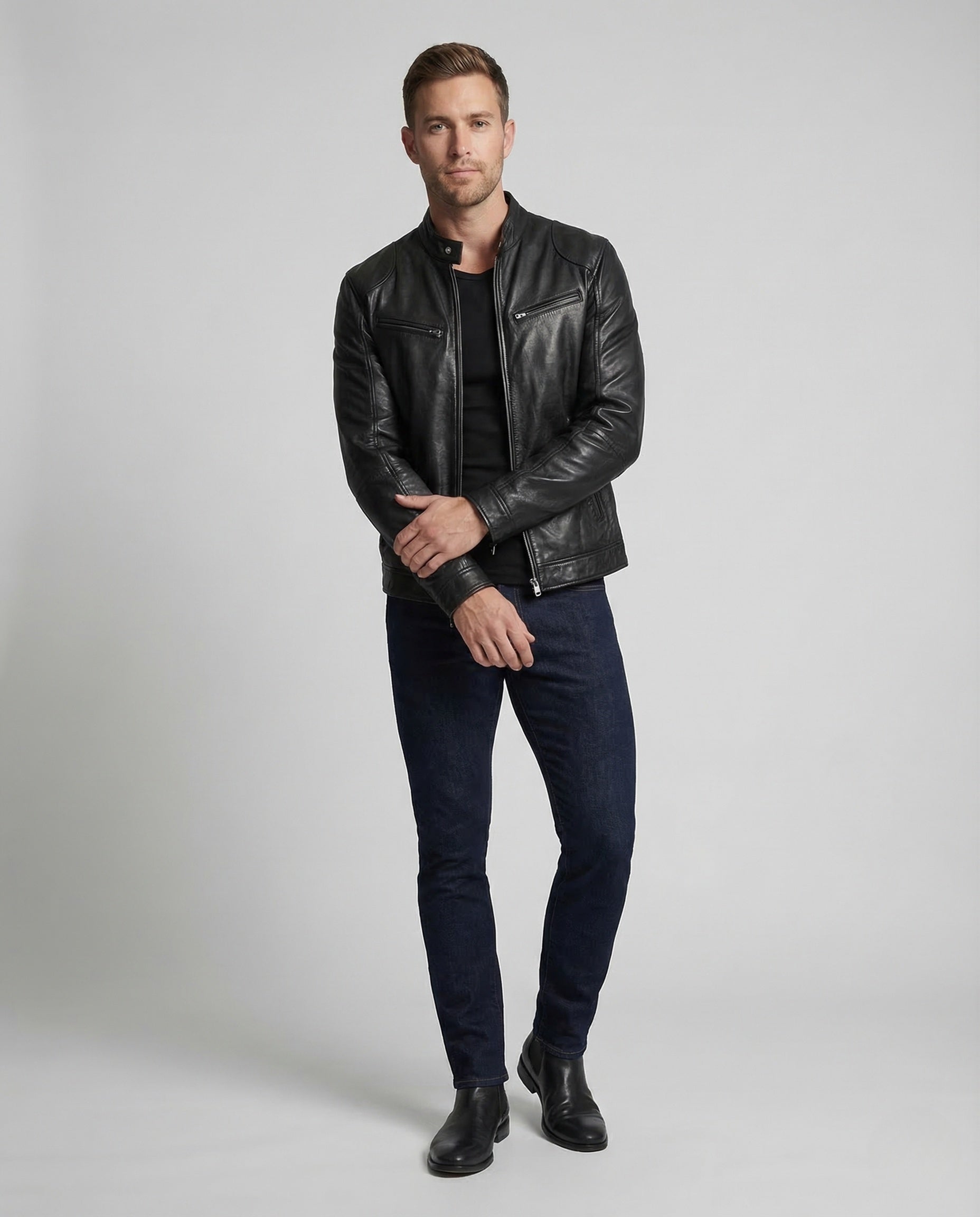 Giacca Biker Uomo in Pelle Slim Collo Alto - Brentozzi
