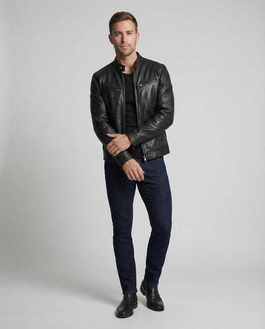 Giacca Biker Uomo in Pelle Slim Collo Alto - Brentozzi